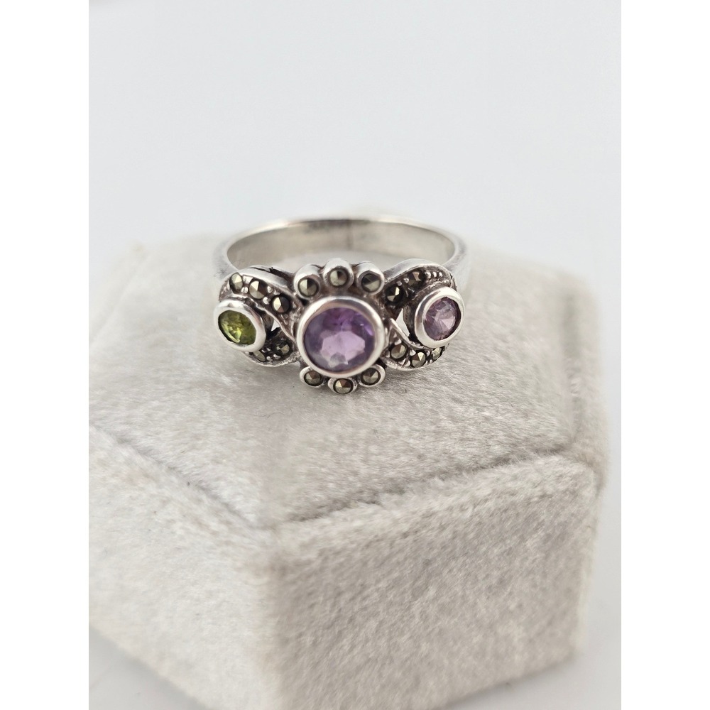 Vintage Multi Gemstone Marcasite Sterling Silver Ring - Size 7